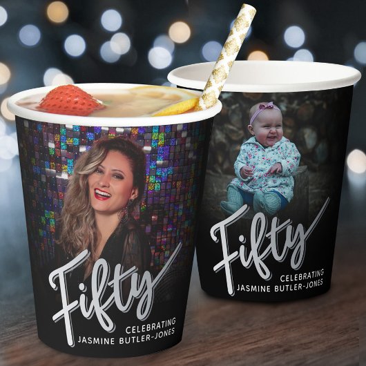Vijftig 50ste verjaardag foto script zwart zilver papieren bekers