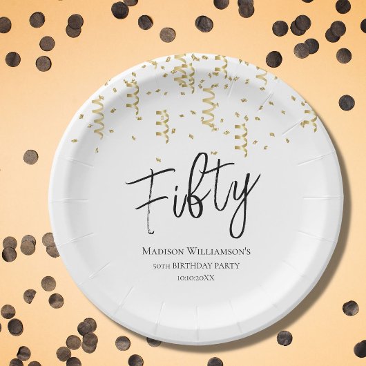 Vijftig, 50ste verjaardag voor zwart, wit en goud papieren bordje