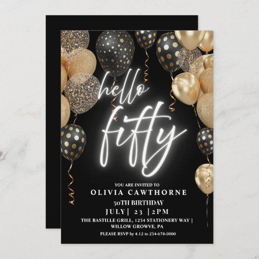 Vijftig 50ste verjaardag zwarte en gouden ballonne kaart (Voorkant / Achterkant)