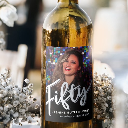 Vijftig 50ste verjaardagsfeest foto zwart zilver wijn etiket