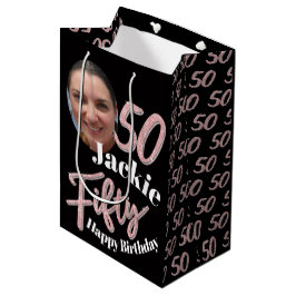 Vijftig 50th Birthday fotoscript roos roze aangepa Medium Cadeauzakje