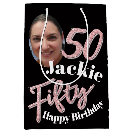 Vijftig 50th Birthday fotoscript roos roze aangepa Medium Cadeauzakje (Voorkant)