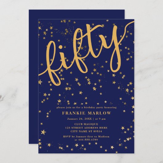 Vijftig blauw goudglitter Moderne 50ste verjaardag Kaart (Voorkant / Achterkant)