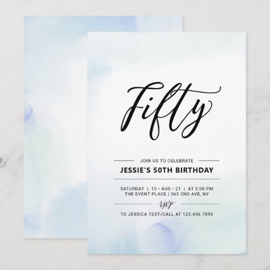 vijftig | Blauwe Waterverf 50e verjaardag Kaart (Voorkant / Achterkant)