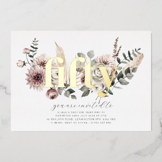 Vijftig Bloemen - 50ste Verjaardag - Goud Folie Uitnodiging (Voorkant)