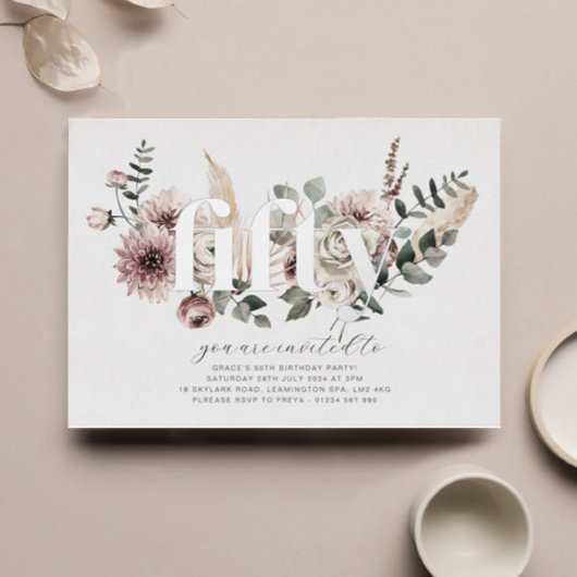 Vijftig Bloemen - 50ste Verjaardag - Zilver Folie Uitnodiging