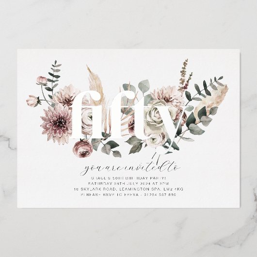 Vijftig Bloemen - 50ste Verjaardag - Zilver Folie Uitnodiging (Voorkant)