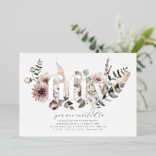 Vijftig Bloemen - 50ste Verjaardag - Zilver Folie Uitnodiging (Staand Voorkant)