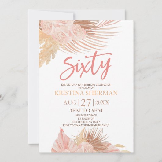 Vijftig Boho Roze Bloemen 60ste Verjaardagsfeest Kaart (Voorkant)