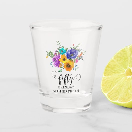 Vijftig' Bright & Bold Floral 50ste verjaardag Shot Glas (Voorkant)