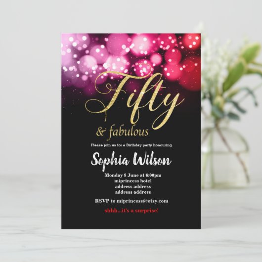 vijftig elegante roze glitter - uitnodiging tot he (Staand voorkant)