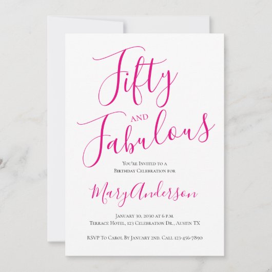 Vijftig en fabuleus script roze 50ste verjaardagsf kaart (Voorkant)