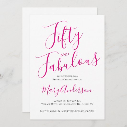 Vijftig en fabuleus script roze 50ste verjaardagsf kaart (Voorkant / Achterkant)