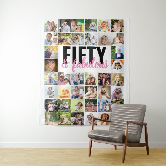Vijftig en Fabulous 40 Foto Collage Verjaardag Wandkleed (In situ)