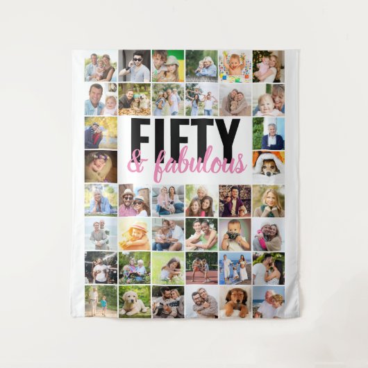 Vijftig en Fabulous 40 Foto Collage Verjaardag Wandkleed (Voorkant)