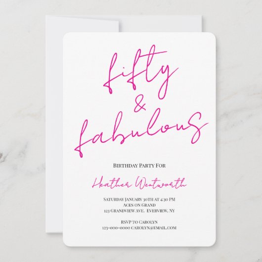 Vijftig en Fabulous 50e Verjaardag Hot Pink Script Kaart (Voorkant)