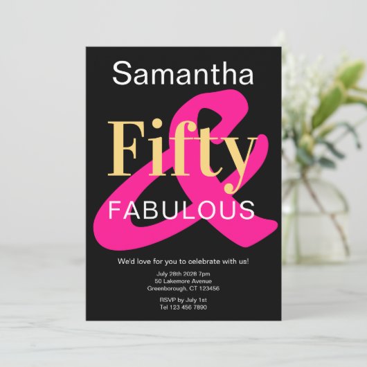 Vijftig en Fabulous 50th Verjaardag Zwart Goud Roz Kaart (Staand voorkant)