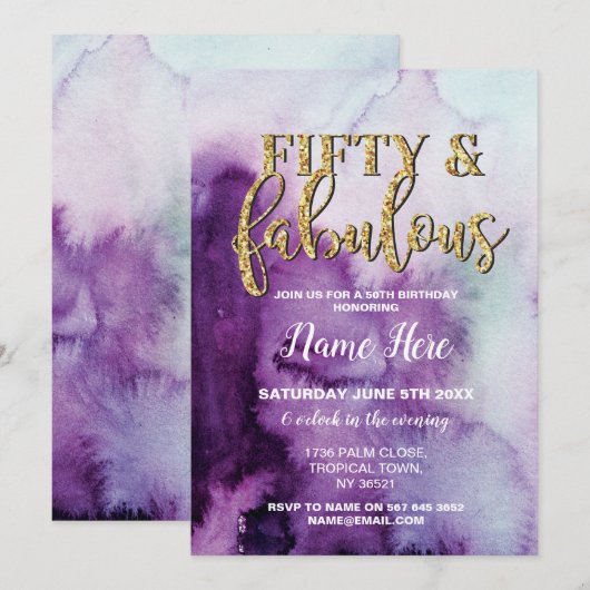 Vijftig en Fabulous Birthday Party Paars 50ste uit Kaart (Voorkant / Achterkant)