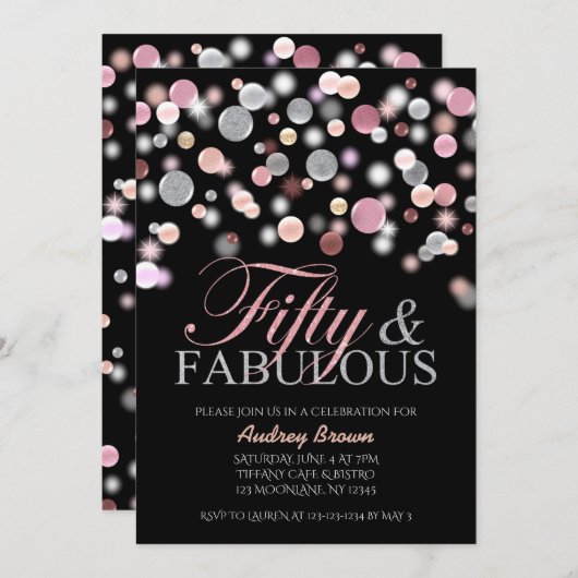 Vijftig en Fabulous Birthday, Roze Glitters 50th Kaart (Voorkant / Achterkant)