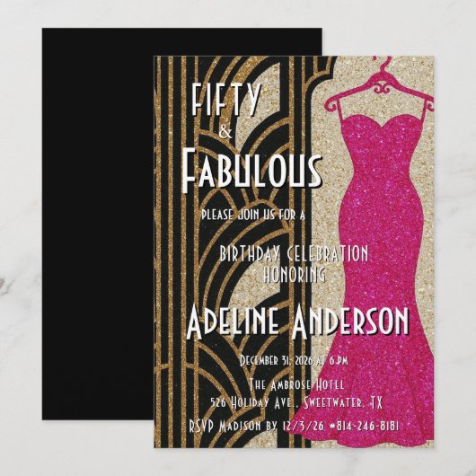 Vijftig en Fabulous Black Gold Pink Art Deco 50ste Kaart (Voorkant / Achterkant)
