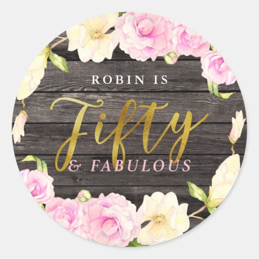 Vijftig en Fabulous Bloemen Verjaardagsfeestje Fav Ronde Sticker (Voorkant)