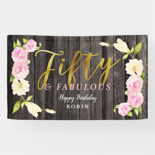 Vijftig en Fabulous Elegant Floral Birthday Spandoek (Horizontaal)