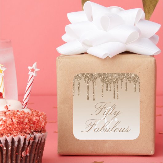 Vijftig en Fabulous Gouden Glitter Drip Vierkante Sticker (Feest)