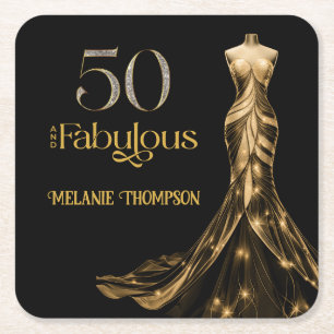 Vijftig en Fabulous Gouden Jurk Zwart 50ste Verjaa Kartonnen Onderzetters
