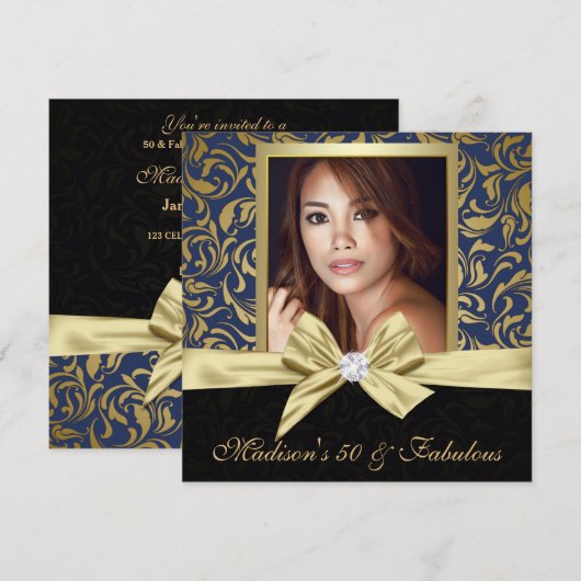 Vijftig en Fabulous gouden marine damast |50e verj Kaart (Voorkant / Achterkant)
