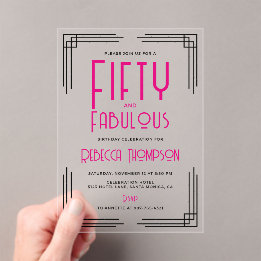 Vijftig en Fabulous Heet Roze Art Deco 50ste Verja Acryl Uitnodigingen