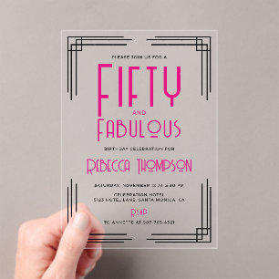 Vijftig en Fabulous Heet Roze Art Deco 50ste Verja Acryl Uitnodigingen