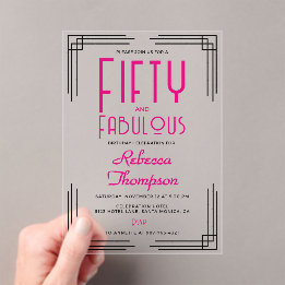 Vijftig en Fabulous Heet Roze Art Deco 50ste Verja Acryl Uitnodigingen