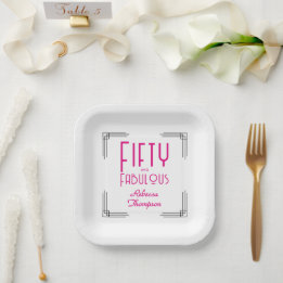 Vijftig en Fabulous Heet Roze Art Deco 50ste Verja Papieren Bordje
