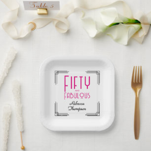 Vijftig en Fabulous Heet Roze Art Deco 50ste Verja Papieren Bordje