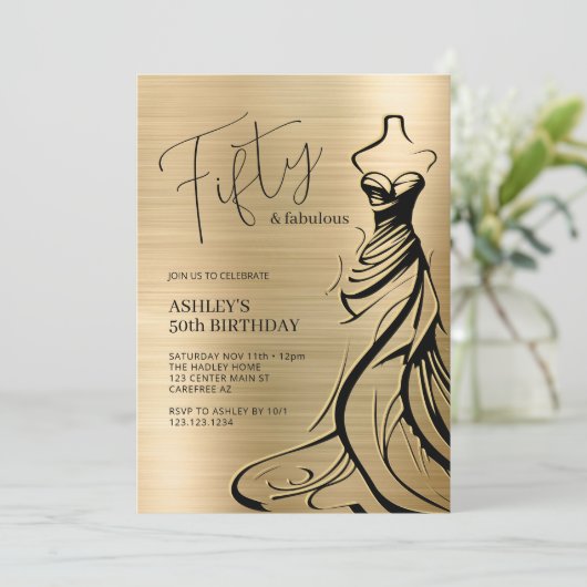 Vijftig en Fabulous Jurk Goud 50e Verjaardag Kaart (Staand voorkant)