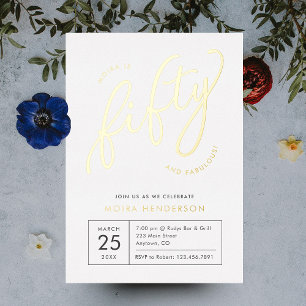 Vijftig en Fabulous Modern Wit 50e Verjaardag Goud Folie Uitnodiging