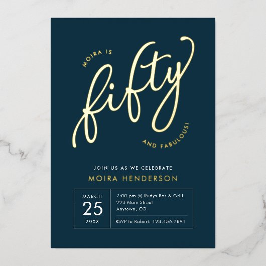 Vijftig en Fabulous Moderne Marine 50ste verjaarda Folie Uitnodiging (Voorkant)