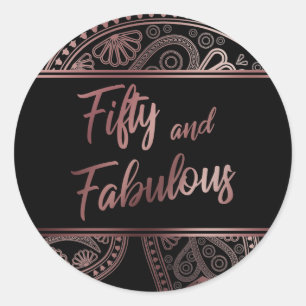 Vijftig en Fabulous Nep Rose Goud & Zwarte Paisley Ronde Sticker
