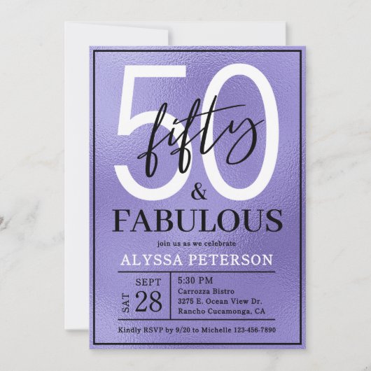 Vijftig en Fabulous Paarse Script 50ste Verjaardag Kaart (Voorkant)