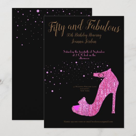 Vijftig en Fabulous Pink and Black Birthday Kaart (Voorkant / Achterkant)