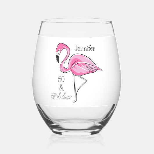 Vijftig en Fabulous Pink Flamingo Custom Wijnglas Zonder Voet (Voorkant)