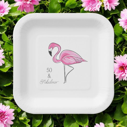 Vijftig en Fabulous Pink Flamingo Papieren Bordje