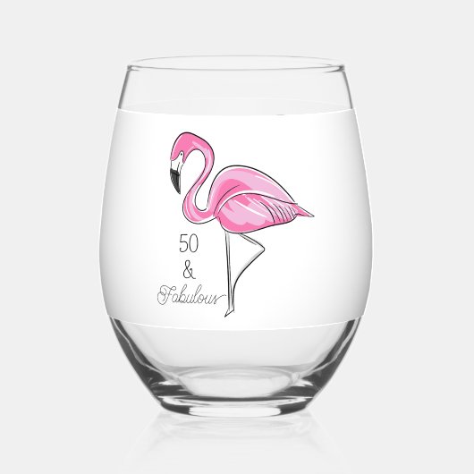 Vijftig en Fabulous Pink Flamingo Wijnglas Zonder Voet (Voorkant)