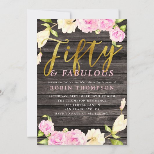 Vijftig en Fabulous Pink Floral Birthday Party Kaart (Voorkant)