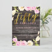 Vijftig en Fabulous Pink Floral Birthday Party Kaart (Staand voorkant)
