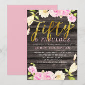 Vijftig en Fabulous Pink Floral Birthday Party Kaart (Voorkant / Achterkant)