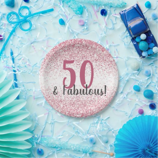 Vijftig en Fabulous Pink Glitter Confetti Birthday Papieren Bordje (Feest)