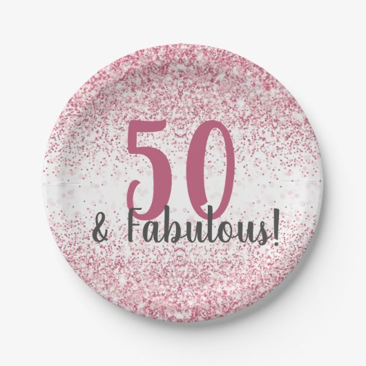 Vijftig en Fabulous Pink Glitter Confetti Birthday Papieren Bordje (Voorkant)
