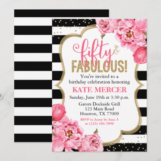 Vijftig en Fabulous Pink Gold Floral 50e verjaarda Kaart (Voorkant / Achterkant)