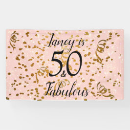 Vijftig en Fabulous Pink met Gold confetti Spandoek